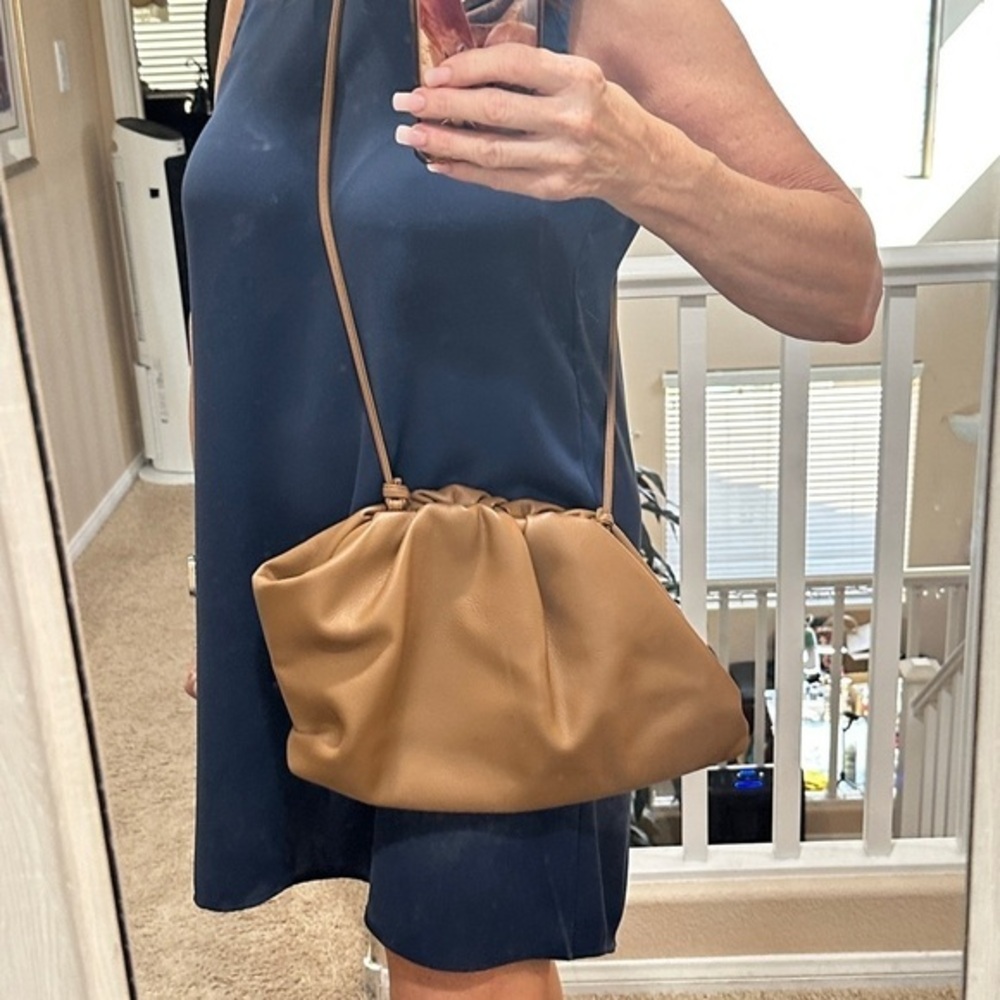 The Drop Brown Vegan Leather Ruched Crossbody Bag Asymmetrical Bag Purse Women